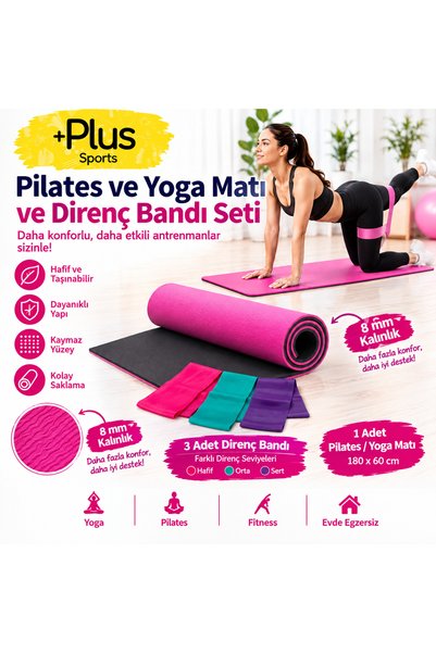PLUSSPORT 10 MM Çift Taraflı Pilates Matı Yoga Matı Spor Minderi ve 3'lü Dire...