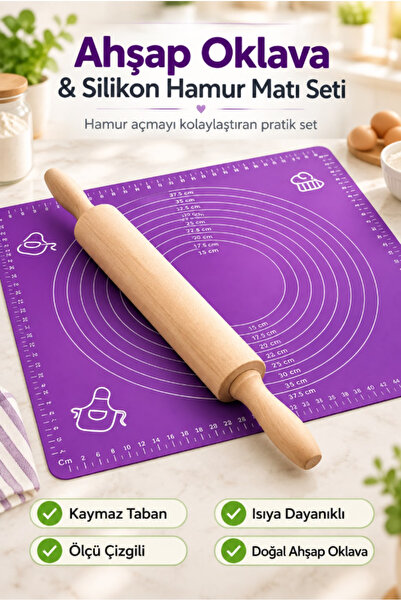 AYGÖREN HOME Silikon Hamur Açma Matı Ölçekli Hamur Açma Altlığı Ve Ahşap Rulo...