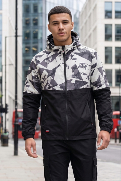 embody Men’s Lightweight Fleece Jacket with Hood, Grey-Black Camouflage Desig...