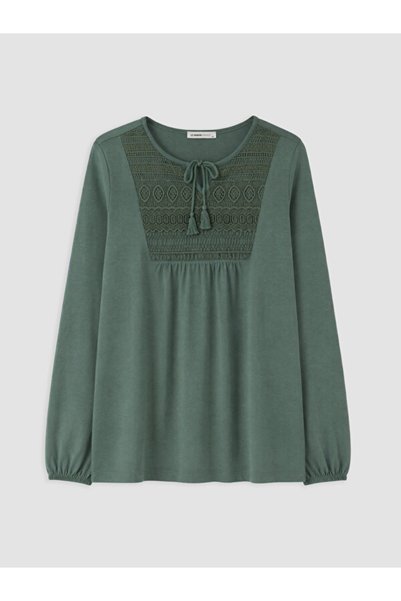 LC Waikiki Tie Collar Embroidered Blouse