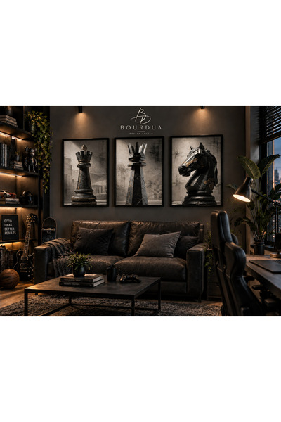 Bourdua Design Satranç Şah Kale At 3’lü Çerçeveli Duvar Tablosu Seti | Siyah ...