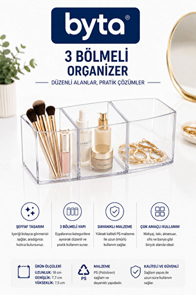 BYTA Şeffaf 3 Bölmeli Organizer – Makyaj, Takı, Aksesuar ve Ofis İçin Çok Amaçlı Kutu