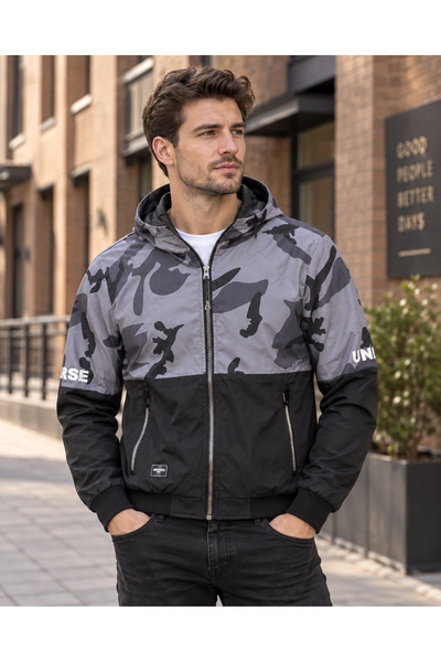 embody Men’s Lightweight Fleece Jacket with Hood, Grey-Black Camouflage Desig...