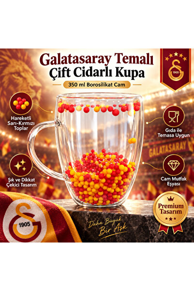 Galatasaray Temalı Çift Cidarlı Borosilikat Cam Kupa – 350 ml | Hareketli Sar...