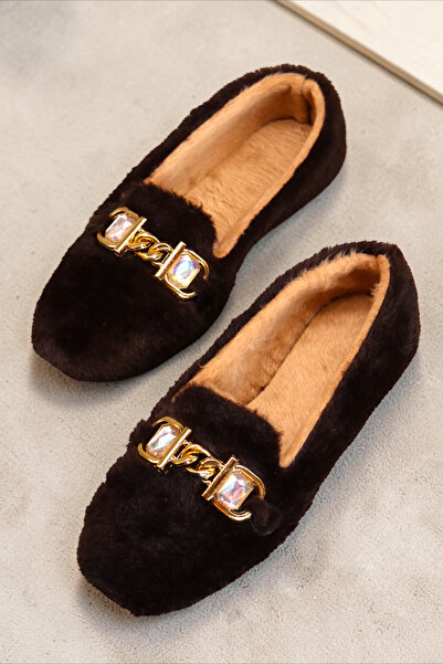 HFKY Women's Gold Chain, Crystal Stone Detailed Plush Indoor Ballerinas. Home...