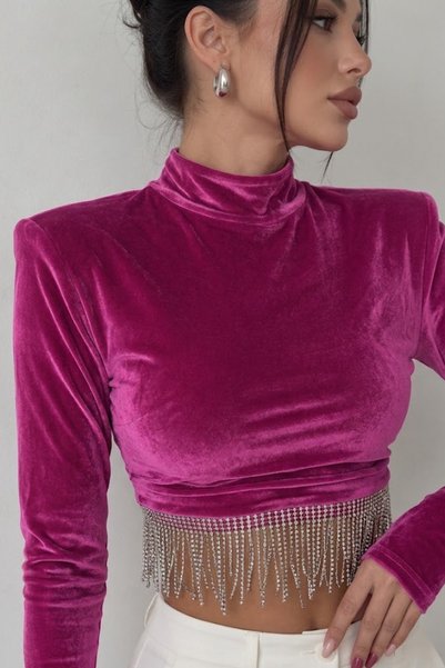 oshebu Women's Stand Collar Sparkling Stone Tasseled Velvet Stylish Blouse
