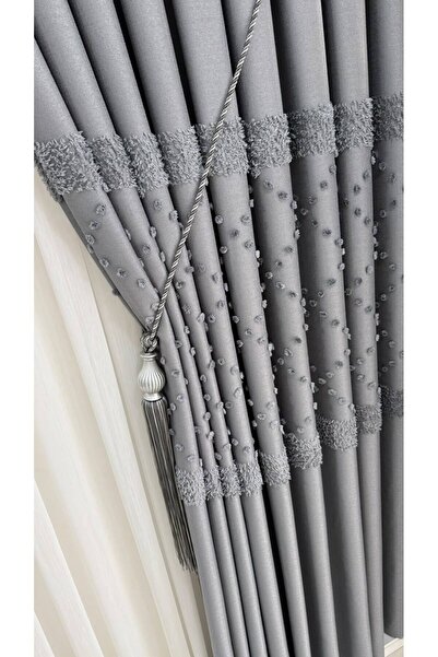 Fon Dünyası Linen Textured Pompom Gray Panel Background Curtain (Single Panel)
