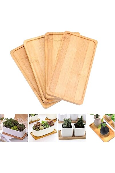 GENERAL 4 Pcs Bamboo Tray, Rectangle Plant Pot Saucer Durable Plant Pot Sauce...