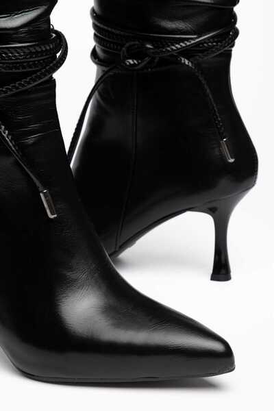 SEDRİK Pointed Toe, Drawstring Lace-Up, Side Zipper, Thin Heel, Black Patent Leather Boots