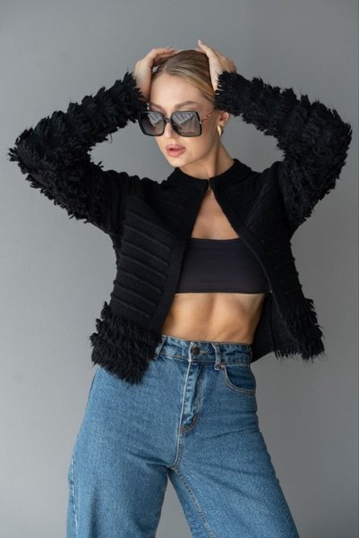 Noi Belis Tassel and Fringe Detailed Crew Neck Crop Knitwear Cardigan Aw26Hi0038