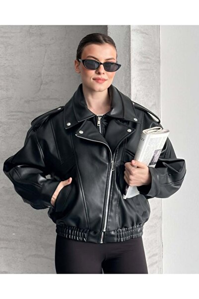 Bella Breeze Women's Oversized Epaulet Double-Breasted Zippered Biker Leather...