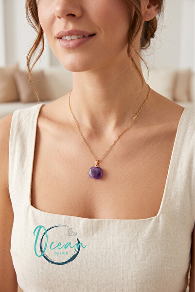 OceanDesign Women's Necklace with Real Amethyst Stone, Stainless Steel, Tarni...