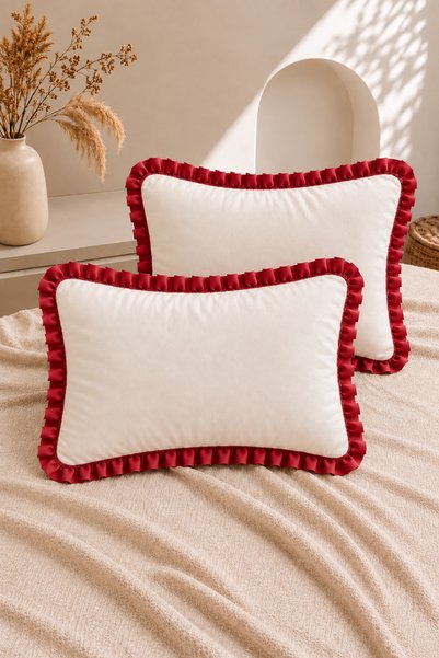 ZİLCA HOME Red Ruffle Pillowcase Set of 2 50X70 cm – with Cover, Without Zipper, Cream