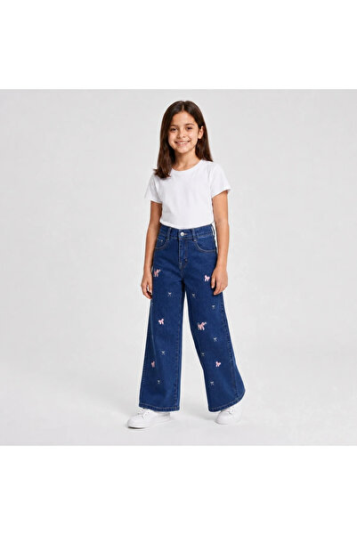 LUGMO Girl's Bow Embroidered Palazzo Jeans – High Waist Wide Leg Jeans