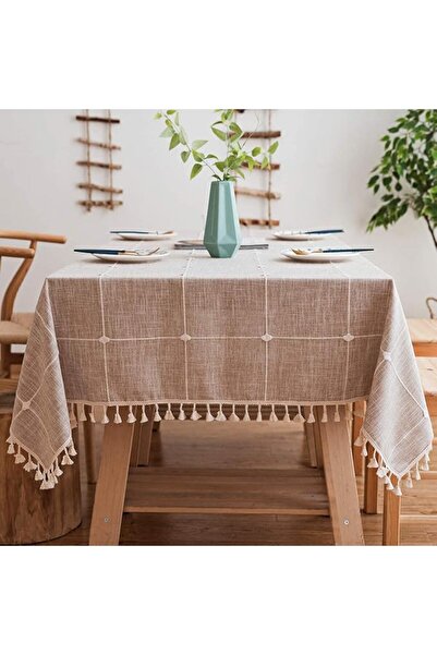 GENERAL Rectangular Cotton and Linen Tablecloth Solid Embroidery Plaid Tassel...