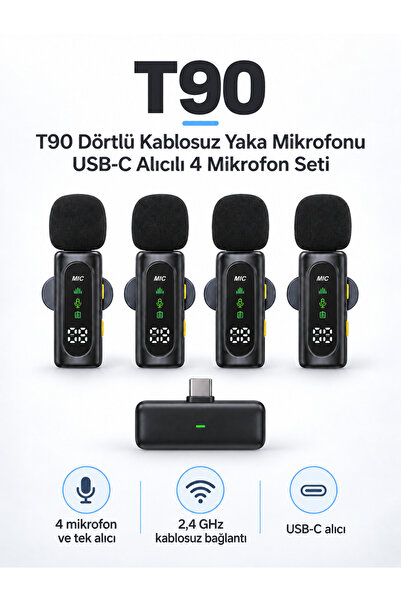 VOROBELA T90 Dörtlü Kablosuz Yaka Mikrofonu USB-C Alıcılı 4 Mikrofon Seti