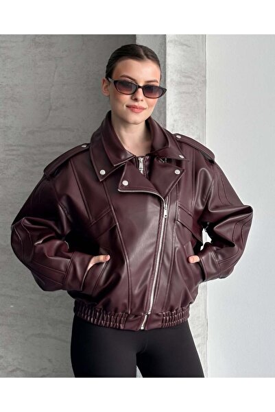 Bella Breeze Women's Oversized Epaulet Double-Breasted Zippered Biker Leather...