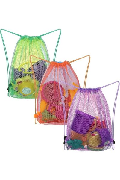 Tazweeq 3 Pack Mesh Drawstring Sand Toy Bags, Lightweight Quick-Dry Double-La...