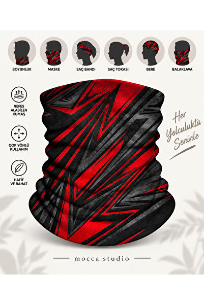 Mocca Studio Kırmızı Siyah Geometrik Desenli Çok Amaçlı Buff Bandana Boyunluk – Maske Bere Balaklava