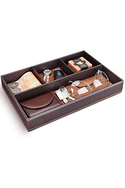 JOYZZZ Faux Leather Valet Tray, 30x20x4cm Stackable Organizer for Keys and Wa...