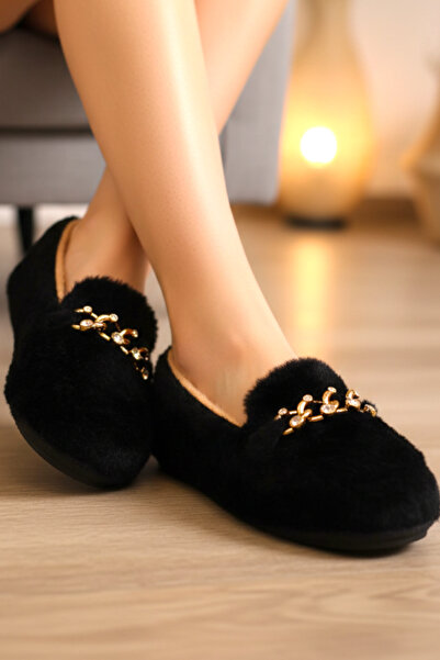 HFKY Women's Gold Chain Detailed Plush Indoor Ballerinas. Home Shoes