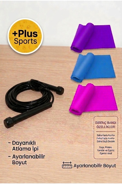 PLUSSPORT Sporcu Atlama İpi ve Hafif-Orta-Sert Direnç Pilates Bandı Seti 3'lü...