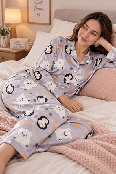 Arvin Pijama طقم بيجامة منقوشة بياقة قميص وأزرار