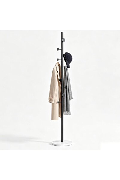 GENERAL Black Round Knob Free Standing Coat Rack with White Marble Base, Mult...