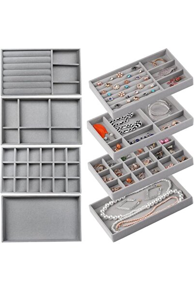 GENERAL Owen 4-Piece Velvet Jewelry Tray Set, Stackable Jewelry Organizer Tra...