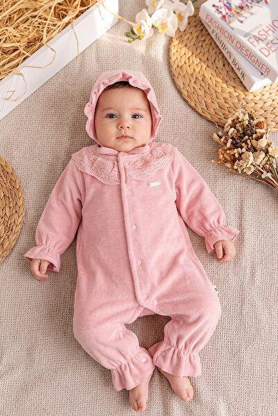 Babymod Kadife Fisto Yakalı Şapkalı Kız Bebek Tulum