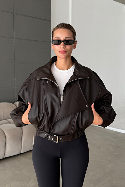 NET OF NOT ZR Model Acı Kahve Oversize Dik Yaka Kemerli Deri Ceket
