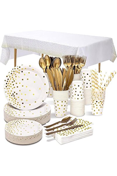 URbazaar 201 Pcs Birthday Party Supplies Golden Dots Dinnerware Party Plates ...