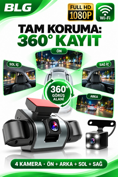 BLG ELEKTROİNK 4 Kanallı 360° Araç Kamerası Full HD 1080P Wi-Fi, Ön Arka Sağ ...