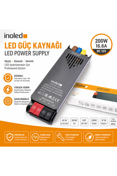 İnoled 1206 – 16,6A 200W 12V LED Güç Kaynağı | Kısa Devre Korumalı Adaptör | ...