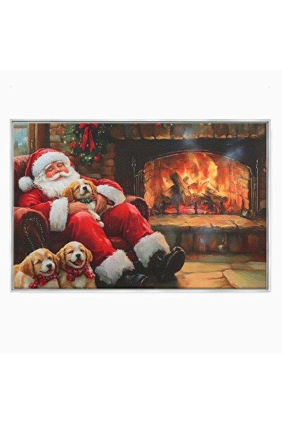 Luxcanva Tablou Canvas Mos Craciun si Catelusii 150x100 cm cu Rama Argintiu M...