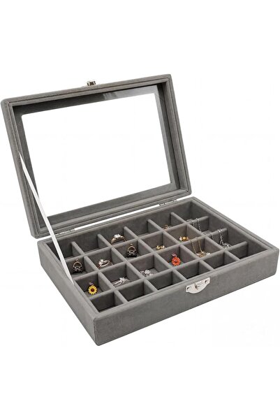 GENERAL Zurfitter 24 Grids Gray Velvet Jewelry Box, Lockable Organizer
