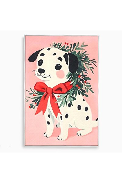 Luxcanva Tablou Canvas Dalmatianul de Craciun 70x100 cm cu Rama Argintiu Dalm...