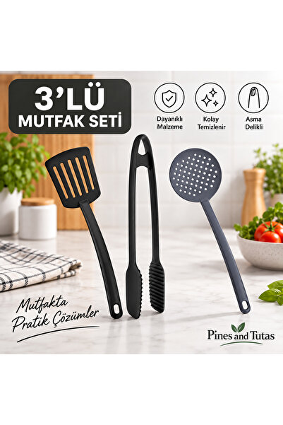 PİNES and TUTAS 3’lü Mutfak Gereçleri Seti Spatula Mutfak Maşası ve Kevgir Siyah