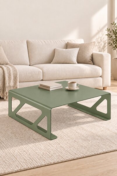 Kare Paslanmaz Çelik Orta Sehpa - 80x80 cm - Geometrik Kesim Çelik Gövdeli Modern Sehpa - Metal Salon Sehpası