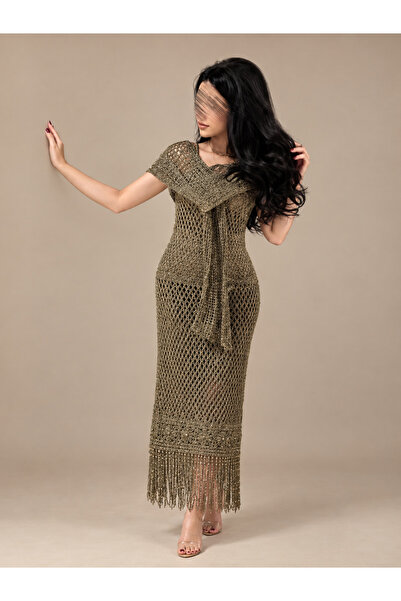 Rose Shiny Oily Crochet Fringe Dress