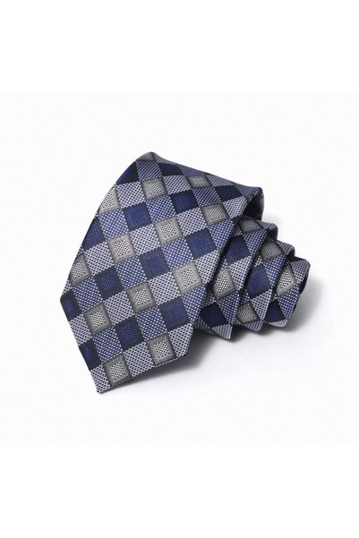 Generic Brand Classic Checkered Pattern Silk Tie – Elegant Navy Blue and Silv...