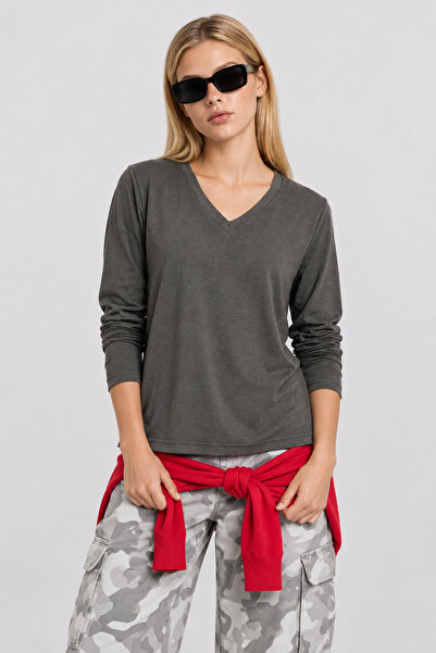 Lovelyİstanbul V-Neck Draped Viscose Blouse Lrn0073 Khaki
