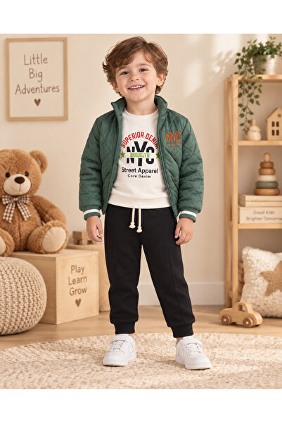 ışık kids Erkek Çocuk NYC Baskılı Kapitone Montlu 3’lü Takım