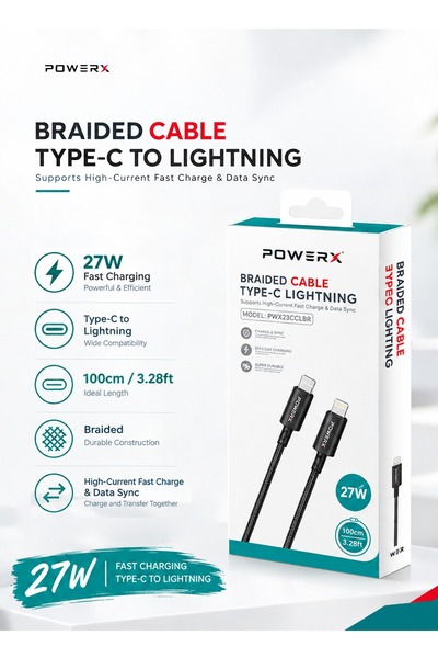Powerx 27W Type-C to Lightning Braided Fast Charging & Data Cable, 1m, Black