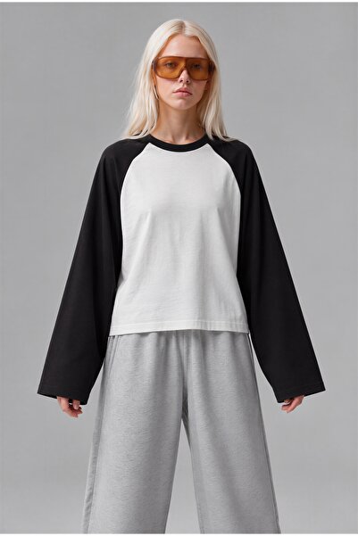 CrepTekstil Kadın Çift Renkli Reglan Kollu Bisiklet Yaka Uzun Kollu Oversize ...