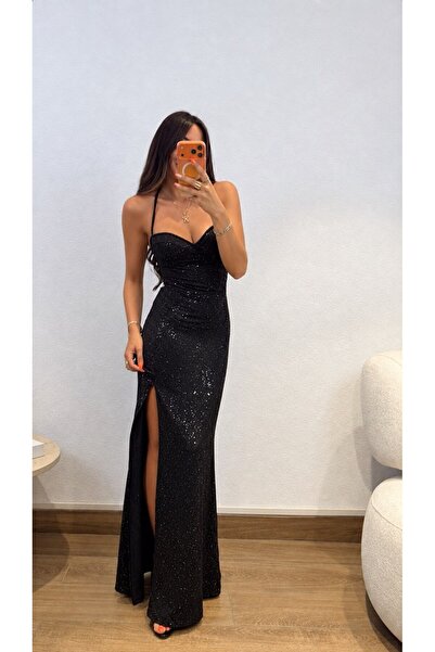 North Fashion Sırtı Bağcıklı Boyundan Bağlamalı Siyah Uzun Elbise