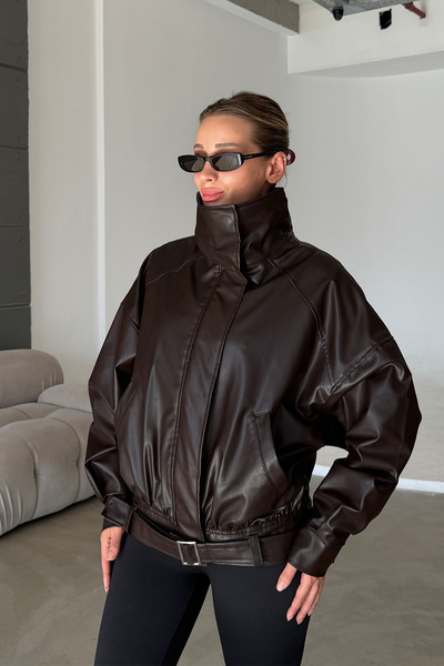 NET OF NOT ZR Model Acı Kahve Dik Yaka Oversize Kemerli Mont Deri Ceket