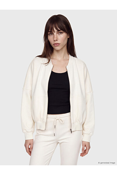 LC Waikiki Vizyon New Season White Oversize Women's Zippered Sweatshirt