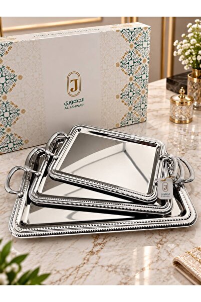 aljahwari Nickel Serving Tray Set 3 Pieces Heavy