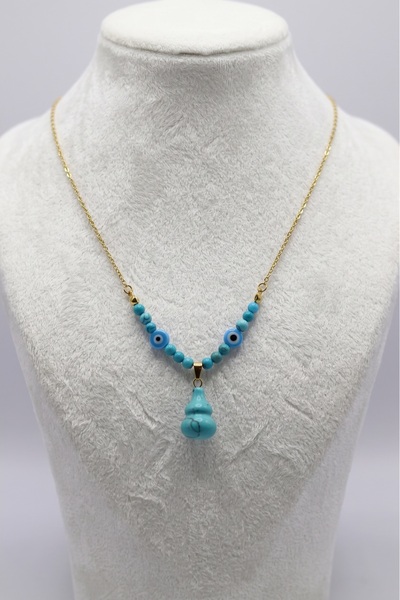 OceanDesign Real Natural Turquoise Stone Evil Eye Beaded Anti-Tarnish Steel Necklace 45 cm Handmade Women's Necklace